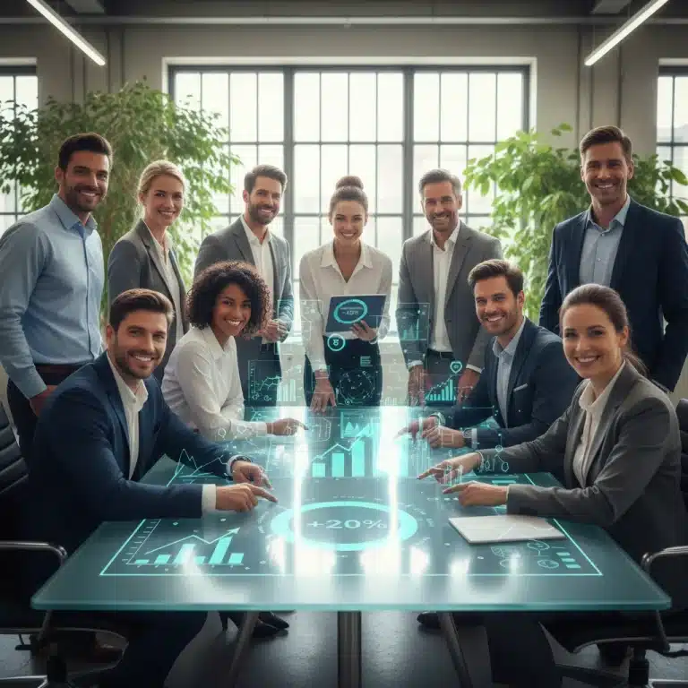 Employees smiling, representing optimized health benefits and company well-being.