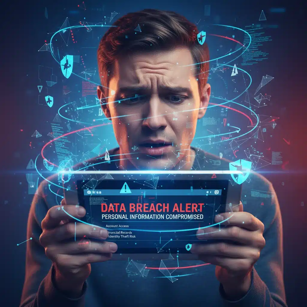Distressed person reviewing tablet notification, surrounded by digital security elements, symbolizing data breach impact.