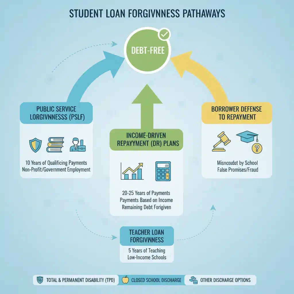 Infographic showing pathways to student loan forgiveness programs.