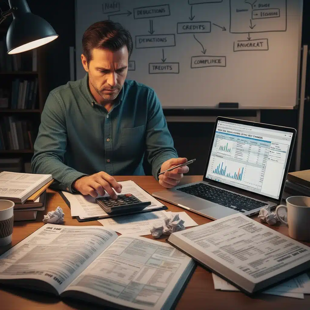 Person reviewing tax documents with calculator and laptop for financial planning.