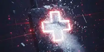 Urgent alert: digital lock breaking, binary code flowing, healthcare cross, symbolizing a severe healthcare data breach.
