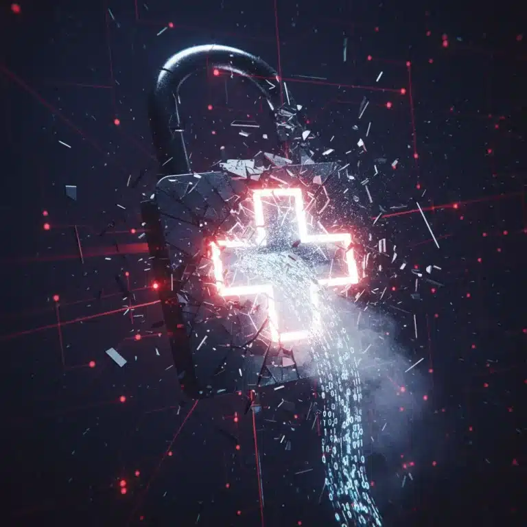 Urgent alert: digital lock breaking, binary code flowing, healthcare cross, symbolizing a severe healthcare data breach.