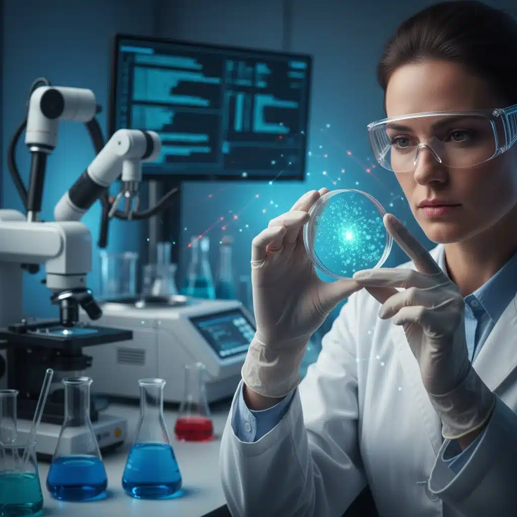 Scientist examining a petri dish in a modern laboratory, symbolizing vaccine research.