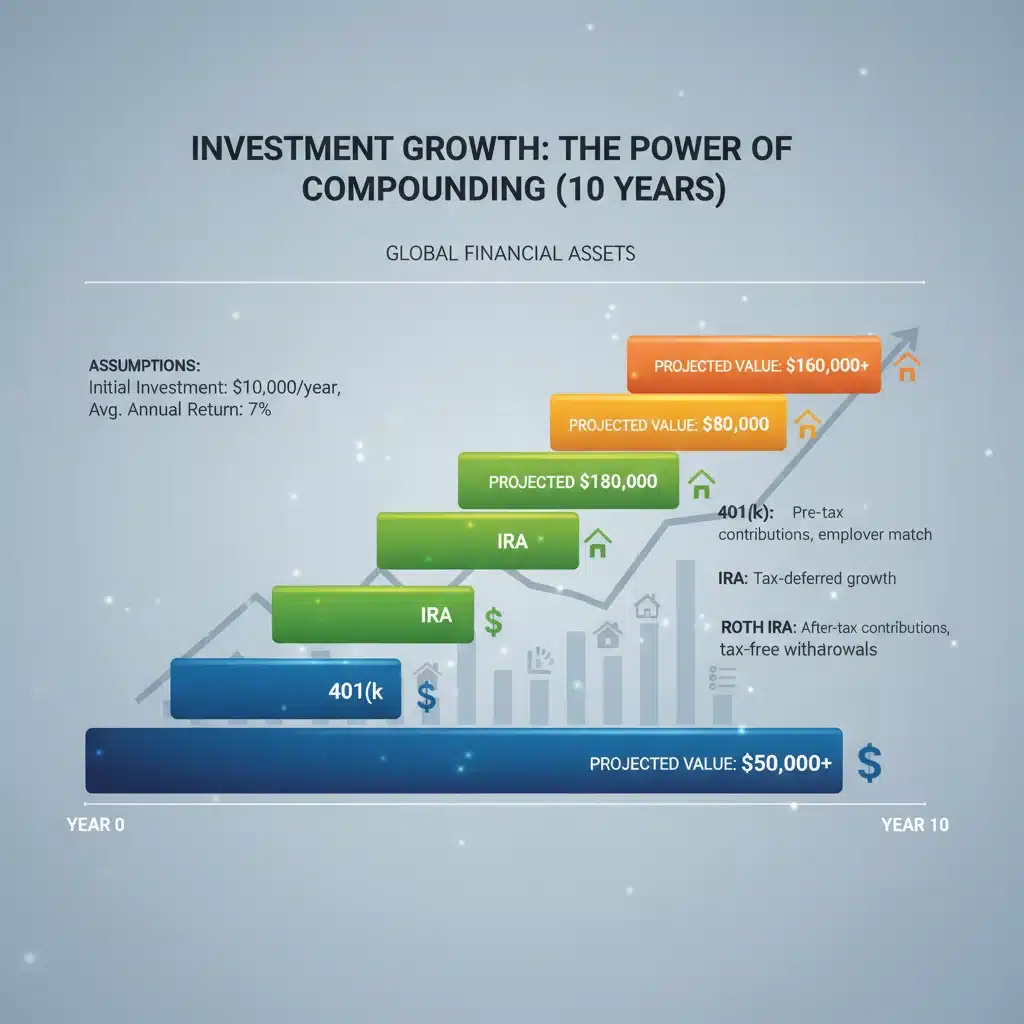 Infographic showing 10-year investment compounding for retirement plans