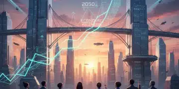 Futuristic city skyline with economic growth charts and diverse people, symbolizing 2026 economic forecast and prosperity.
