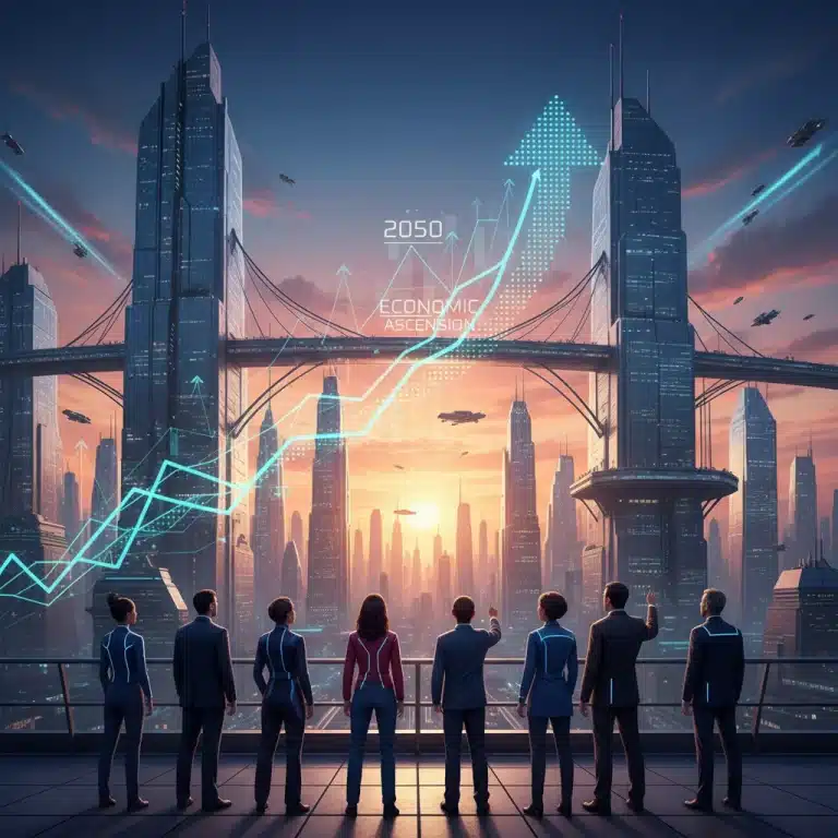 Futuristic city skyline with economic growth charts and diverse people, symbolizing 2026 economic forecast and prosperity.