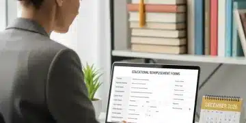 Professional reviewing 2026 educational reimbursement forms on a laptop with a December deadline highlighted.