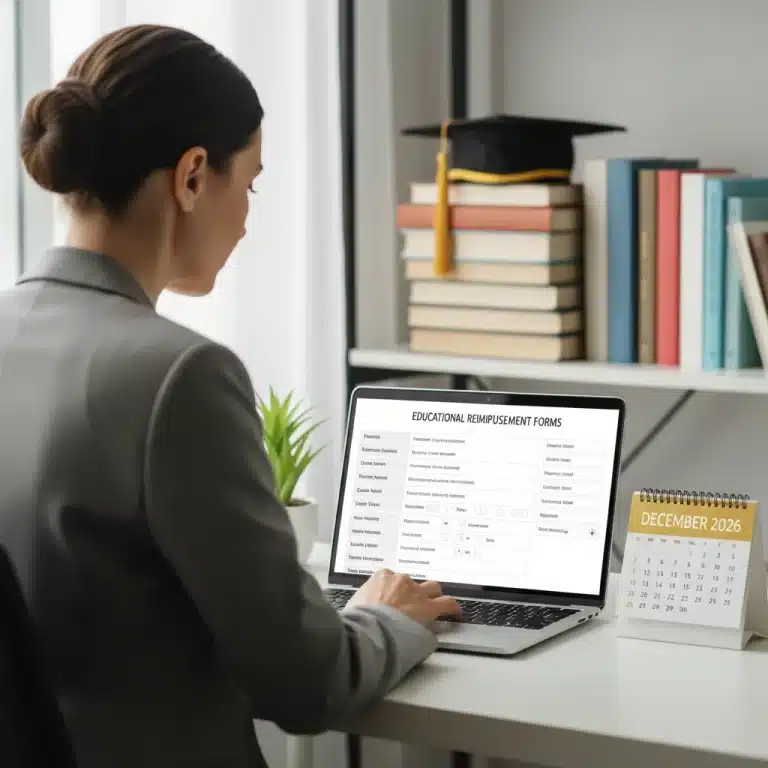 Professional reviewing 2026 educational reimbursement forms on a laptop with a December deadline highlighted.