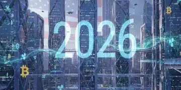 Futuristic city with crypto symbols and 2026 U.S. regulation overlay