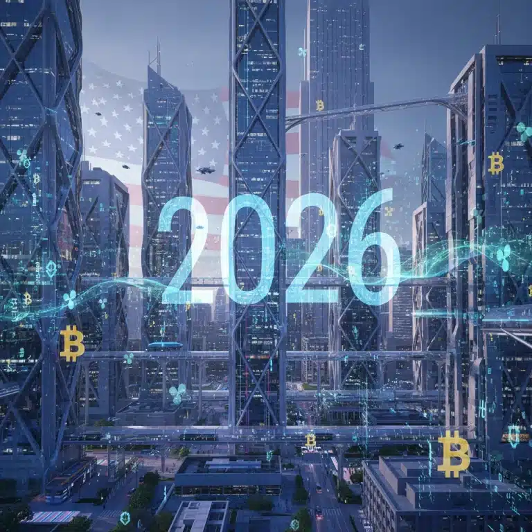 Futuristic city with crypto symbols and 2026 U.S. regulation overlay