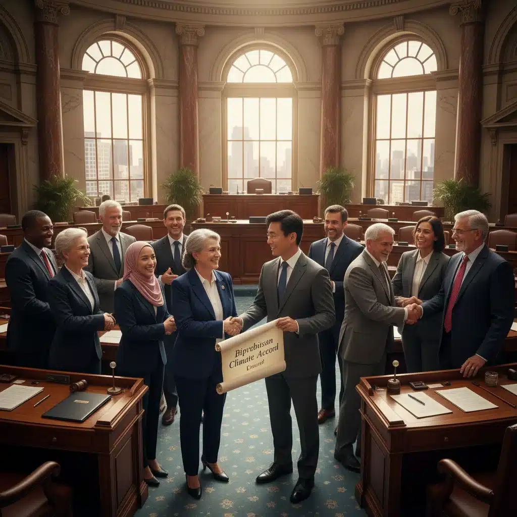 Bipartisan lawmakers shaking hands in a legislative chamber, symbolizing cooperation on healthcare policy.