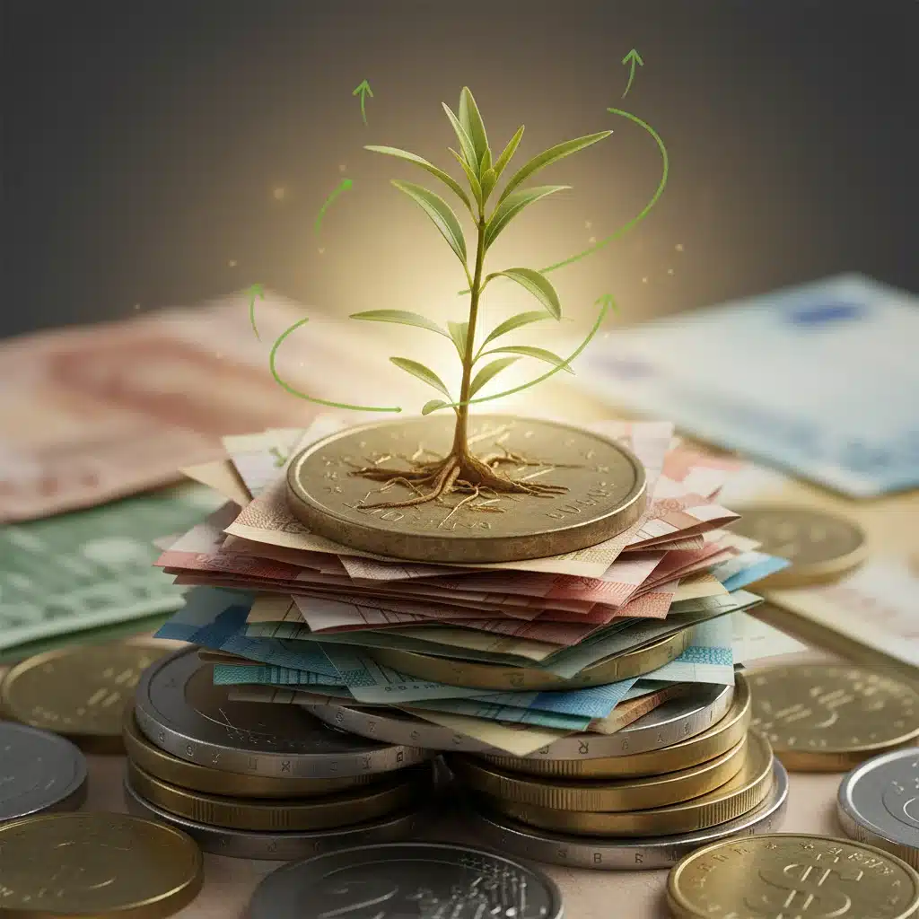 Compounding interest growth with coins and plant