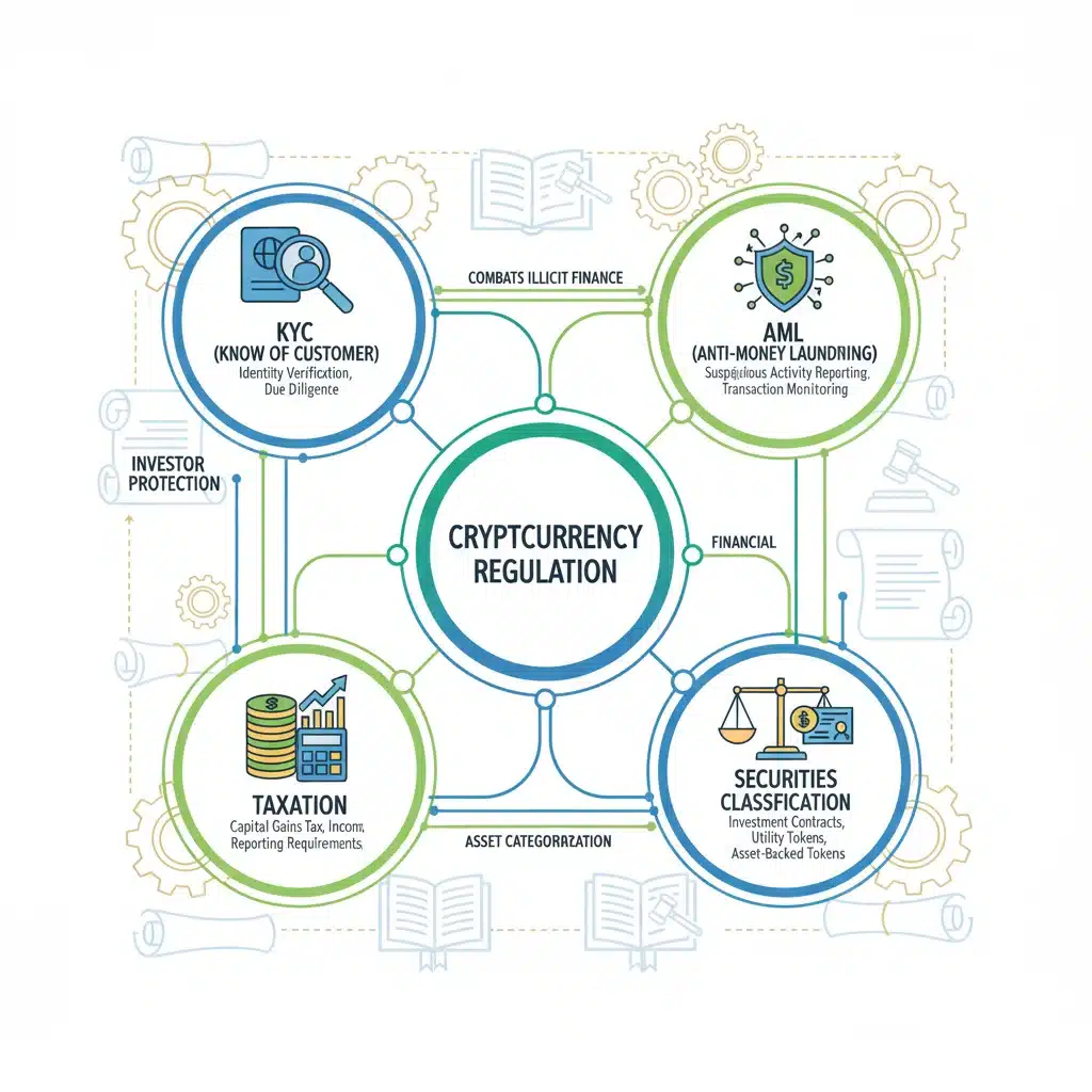 Infographic showing various cryptocurrency regulation types and their connections