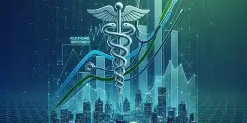 Economic graph intertwining with healthcare symbols, depicting the impact of interest rates on healthcare investment.
