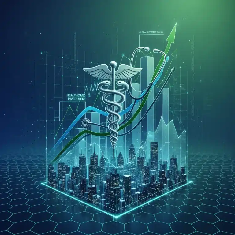 Economic graph intertwining with healthcare symbols, depicting the impact of interest rates on healthcare investment.