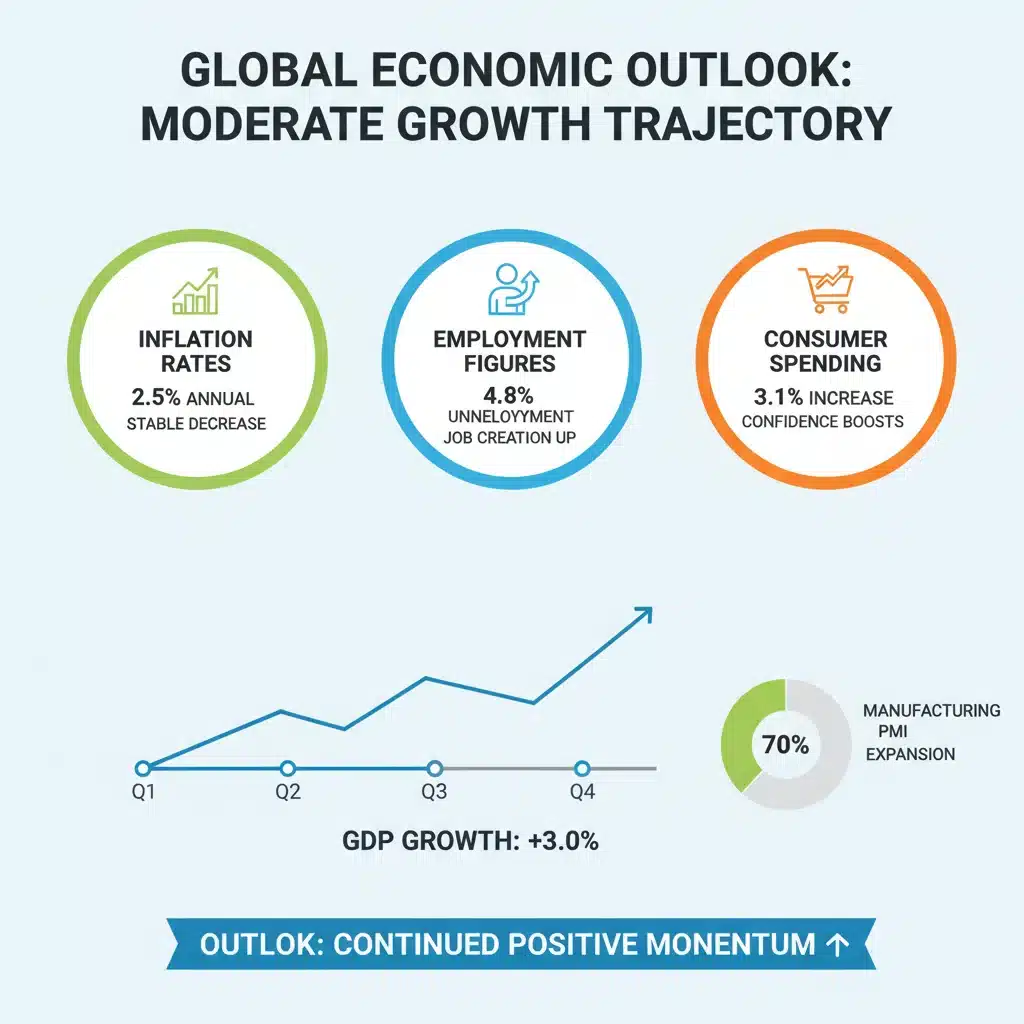 Infographic displaying key economic indicators for 2026, including inflation, employment, and consumer spending.