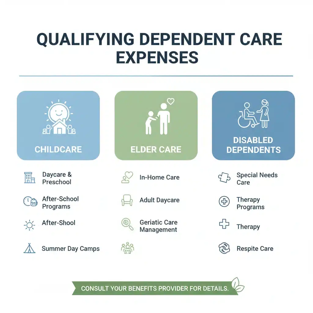 Infographic detailing eligible dependent care expenses for tax benefits.