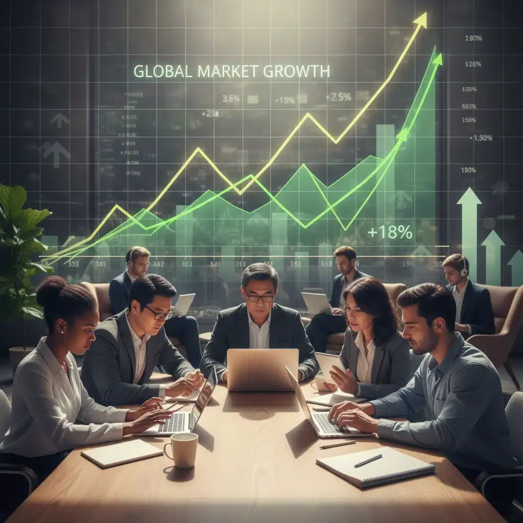 People managing investments on digital devices with a rising stock market chart, representing financial planning and investment strategies.