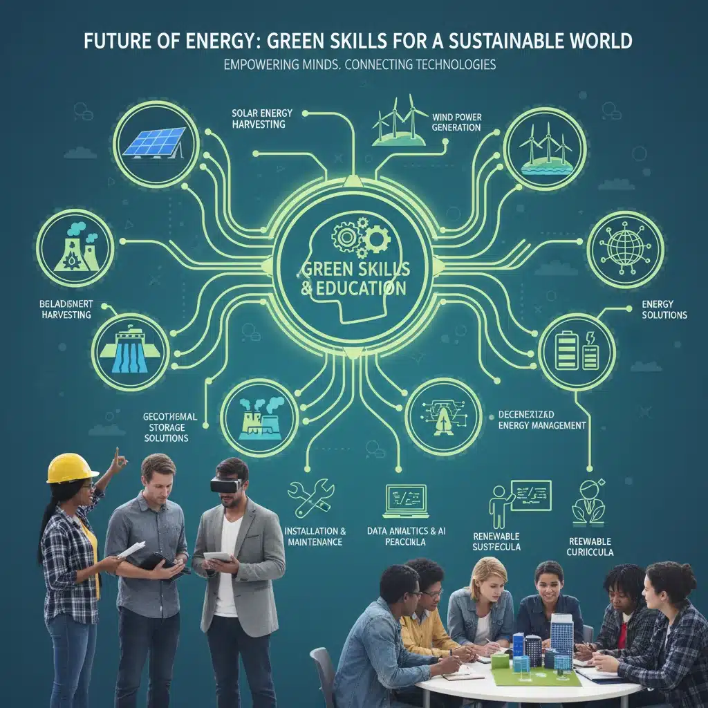 Infographic showing sustainable energy technologies and professionals acquiring green skills for renewable energy sector jobs.
