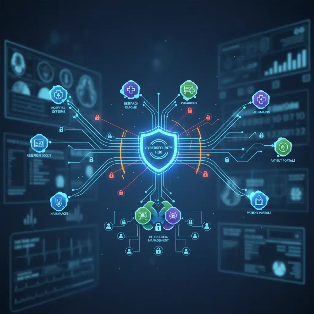 Digital network illustrating data integration and cybersecurity in healthcare M&A.