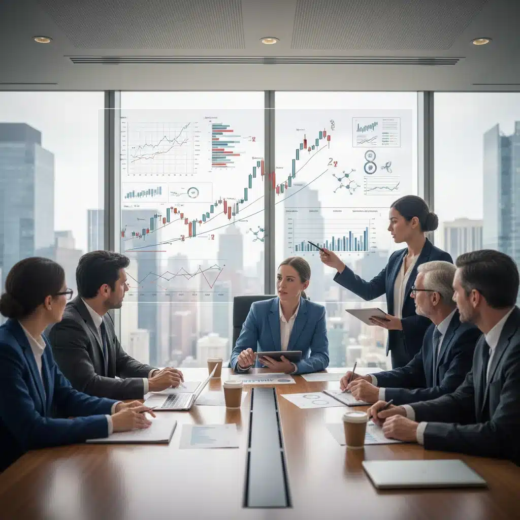 Healthcare investment professionals analyzing financial data and market trends.