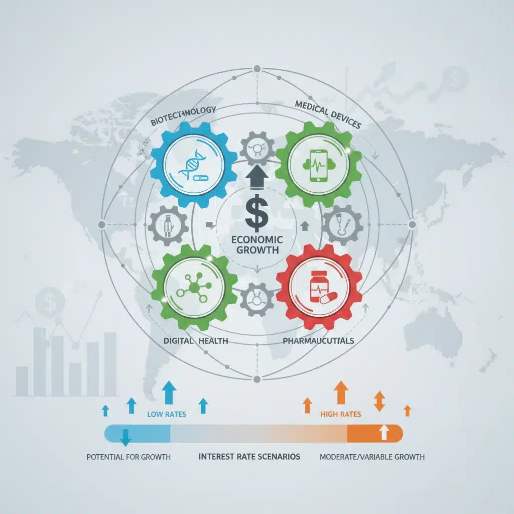 Interconnected healthcare sub-sectors like biotech, digital health, and pharmaceuticals.
