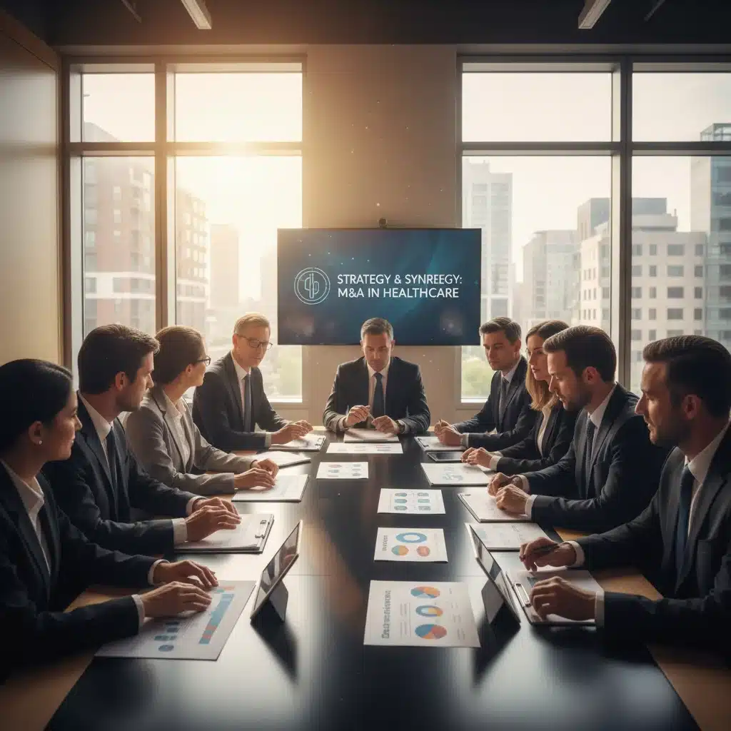Business executives and healthcare professionals discussing M&A strategies and due diligence.