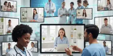 Healthcare professionals and patients using telehealth services on laptops and tablets, representing increased access to care.