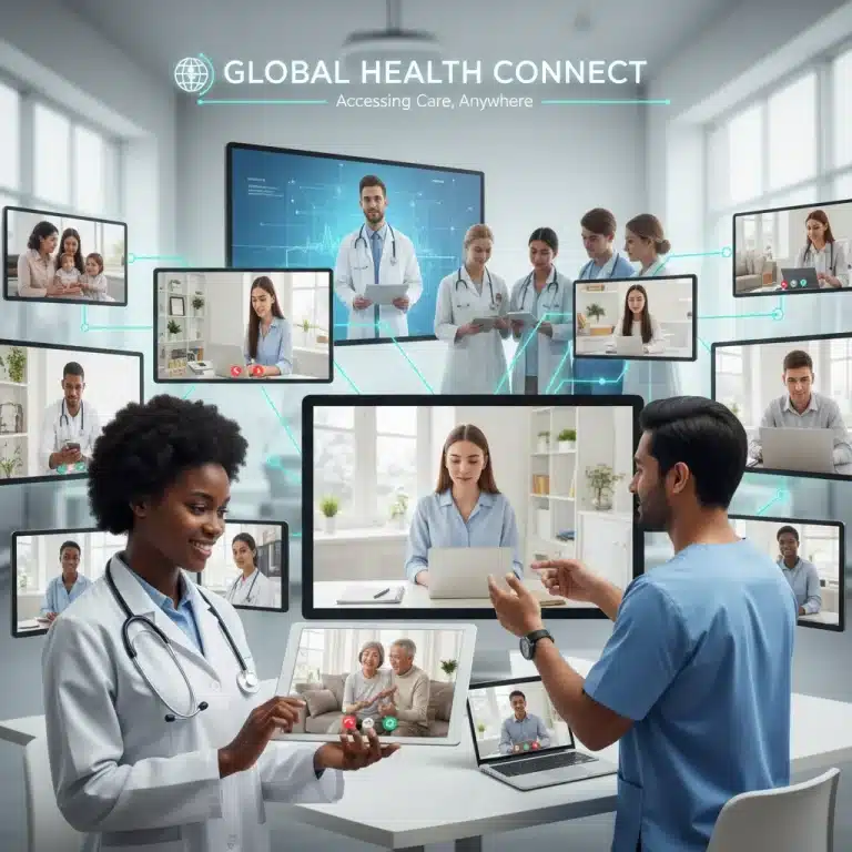 Healthcare professionals and patients using telehealth services on laptops and tablets, representing increased access to care.