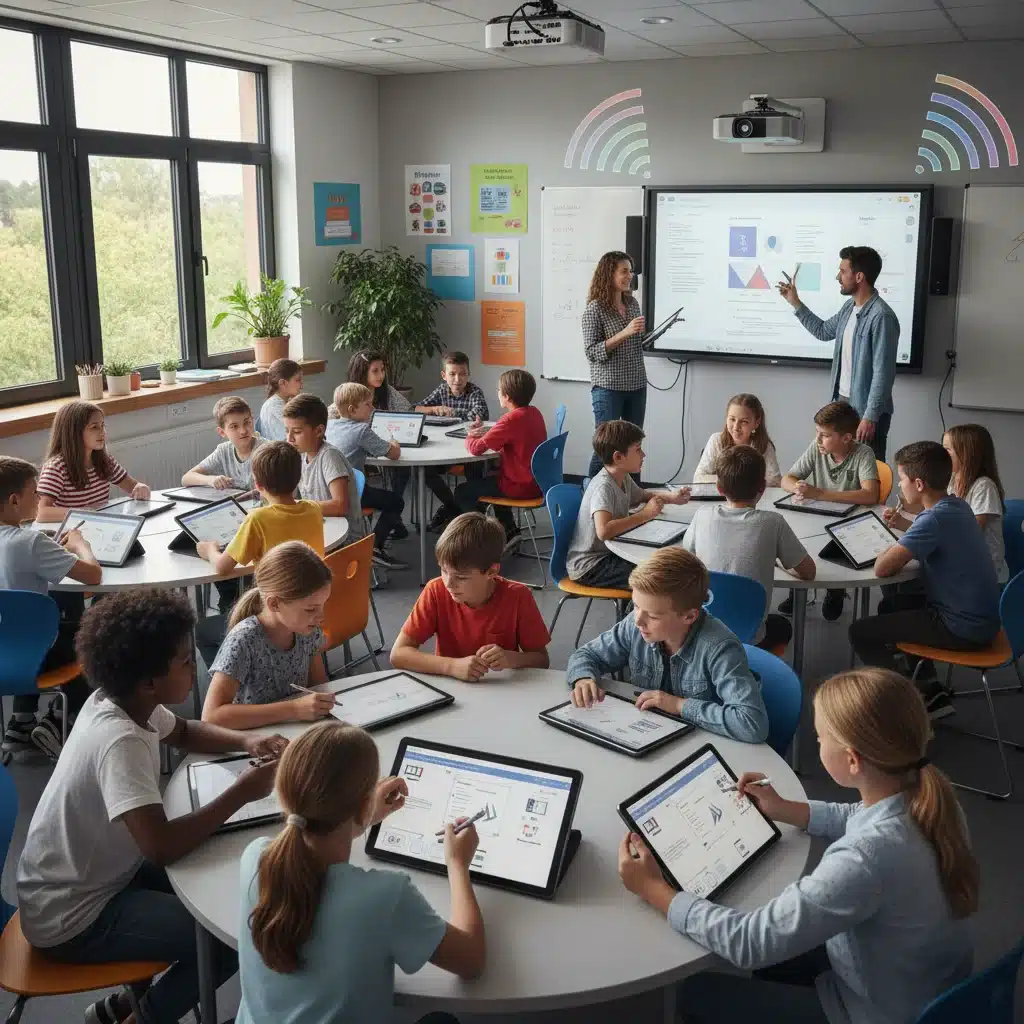 Diverse students and teachers in modern collaborative classroom