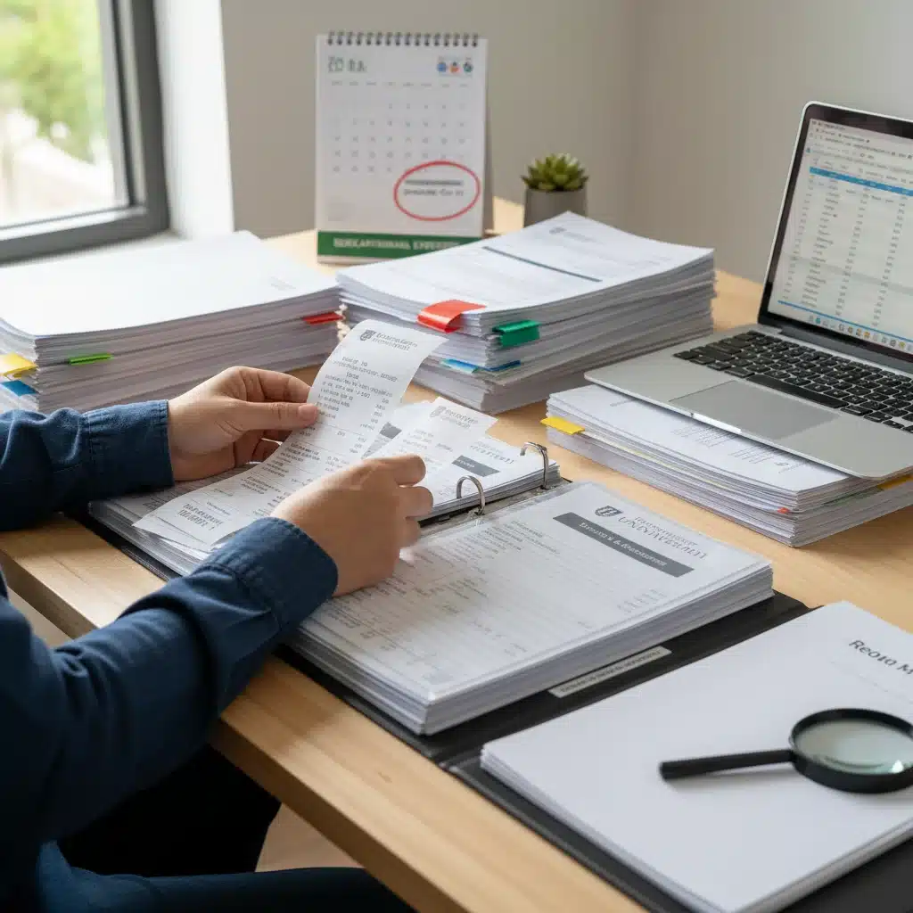 Person organizing educational expense documents and receipts for reimbursement.