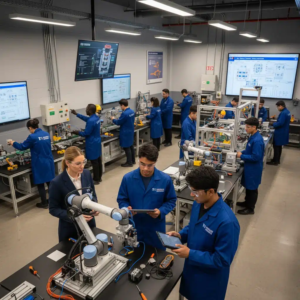 Students learning robotics and automation in a modern vocational training center, preparing for advanced manufacturing careers.