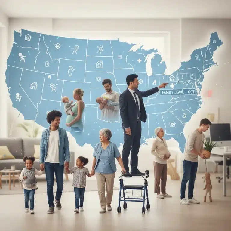 Diverse families and caregivers representing US family leave benefits changes.