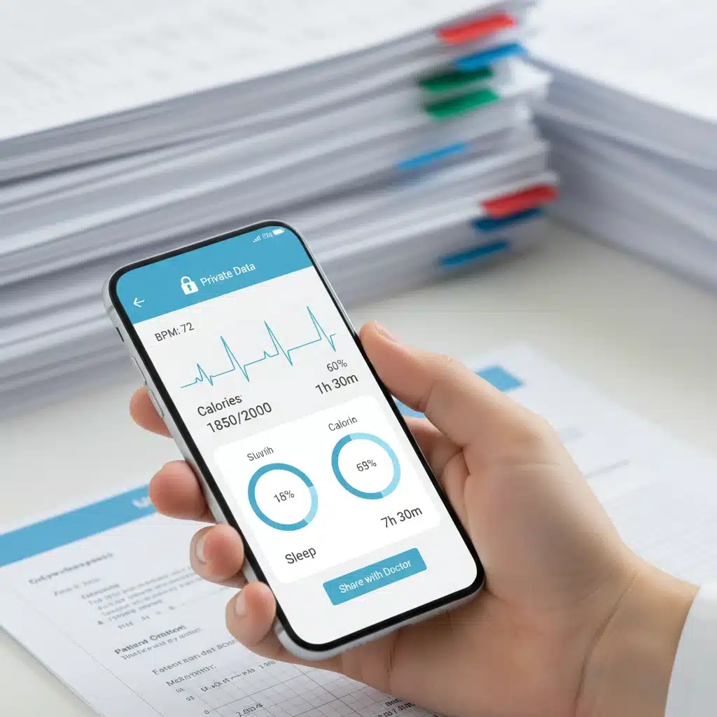 Smartphone displaying health app with medical charts, representing personal health data.