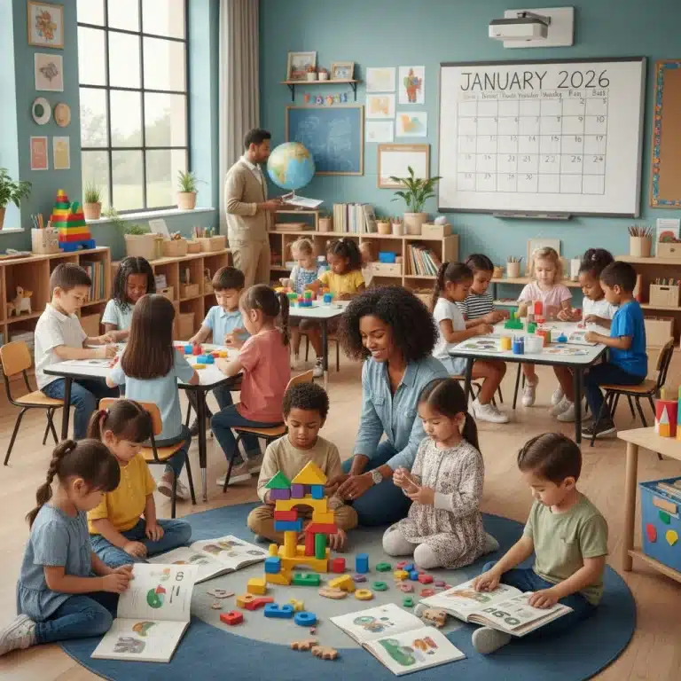 Children learning in a modern early childhood classroom, symbolizing future education policies.