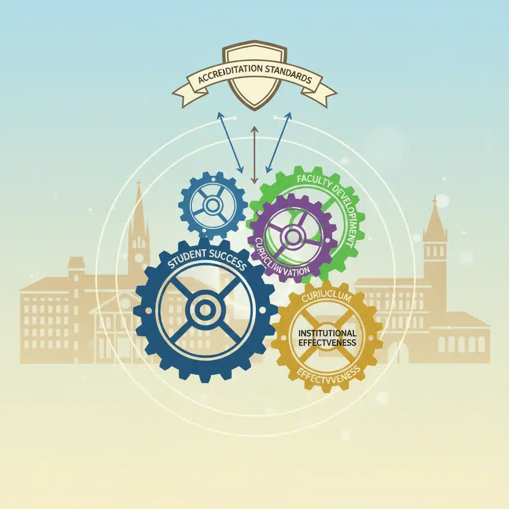 Interlocking gears representing key elements of educational quality and accreditation