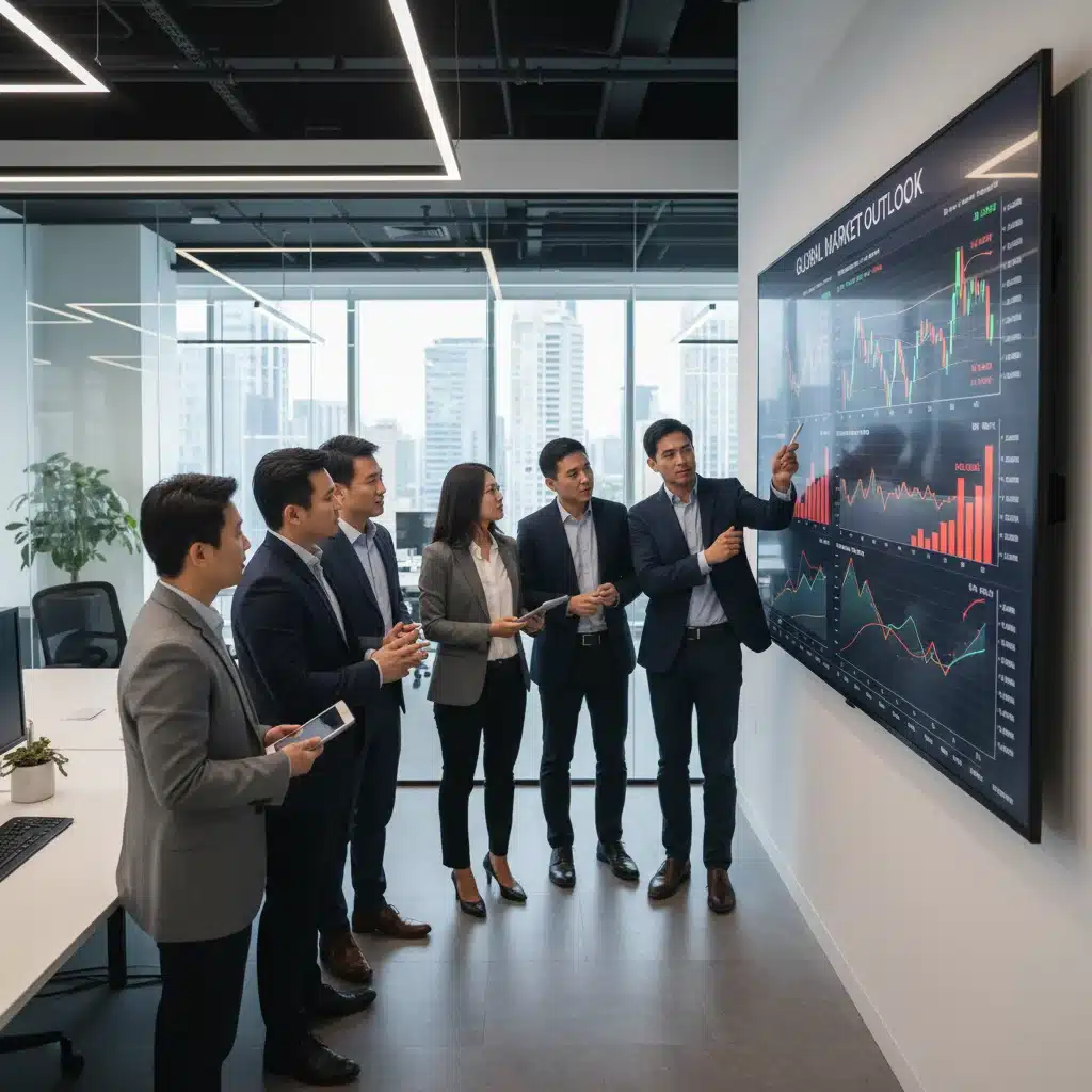 Financial analysts discussing market trends and investment strategies.