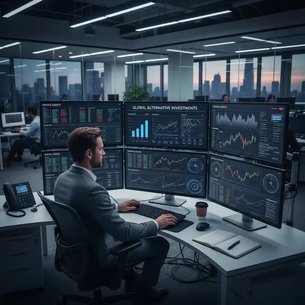 Financial expert analyzing alternative investment data on multiple screens