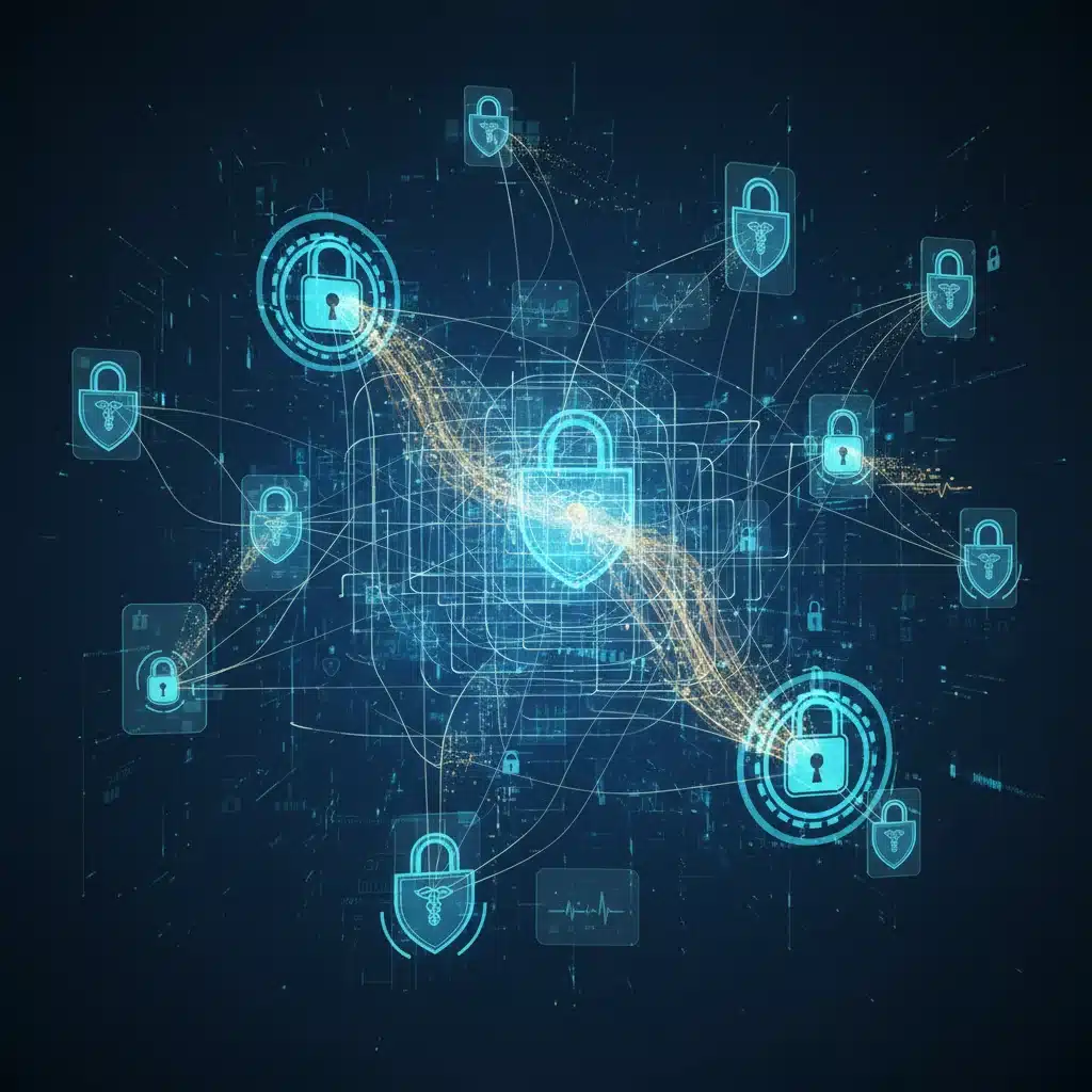 Abstract network of medical records with digital locks, symbolizing healthcare data security.