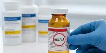 Pill bottles with a 'Recall' warning label, emphasizing medication safety.