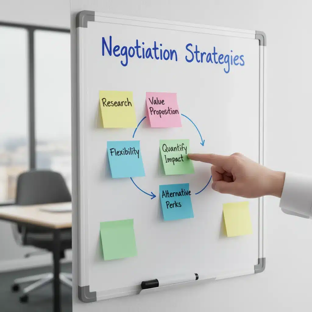 Whiteboard showing effective negotiation strategies for employee benefits