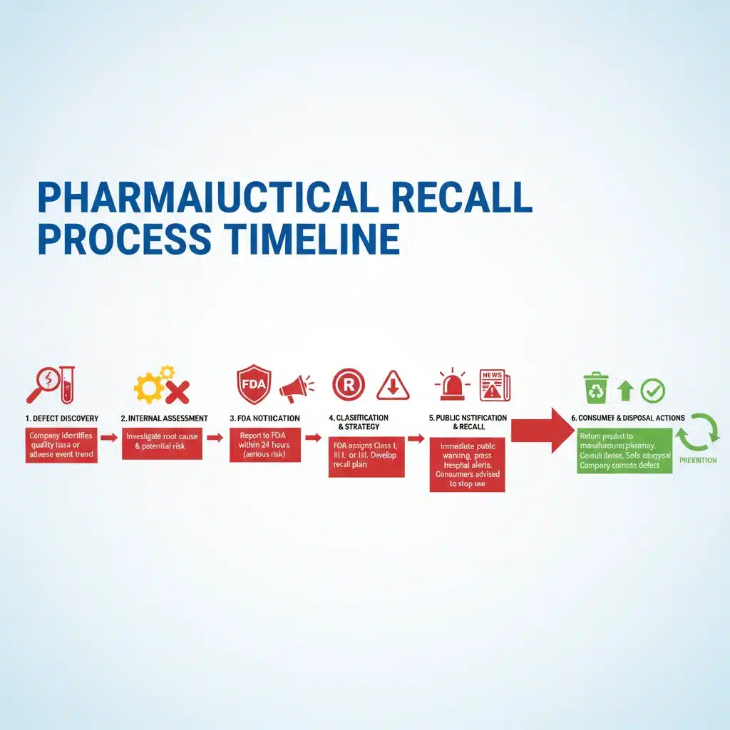 Infographic illustrating the step-by-step process of a pharmaceutical recall.