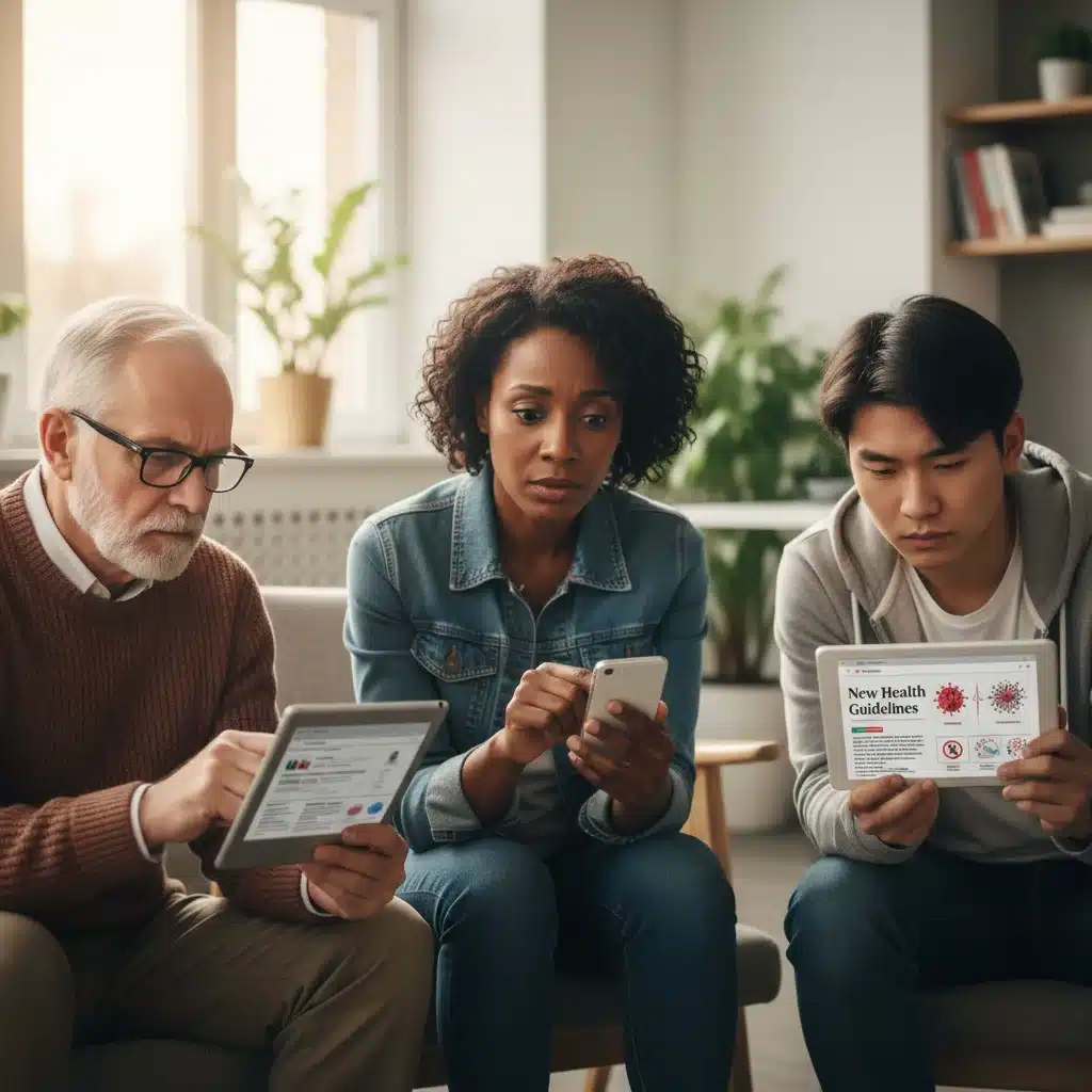People reading critical health information on digital devices, representing public awareness.