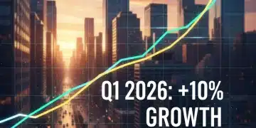 S&P 500 index chart showing 10% growth in Q1 2026, representing strong market performance.