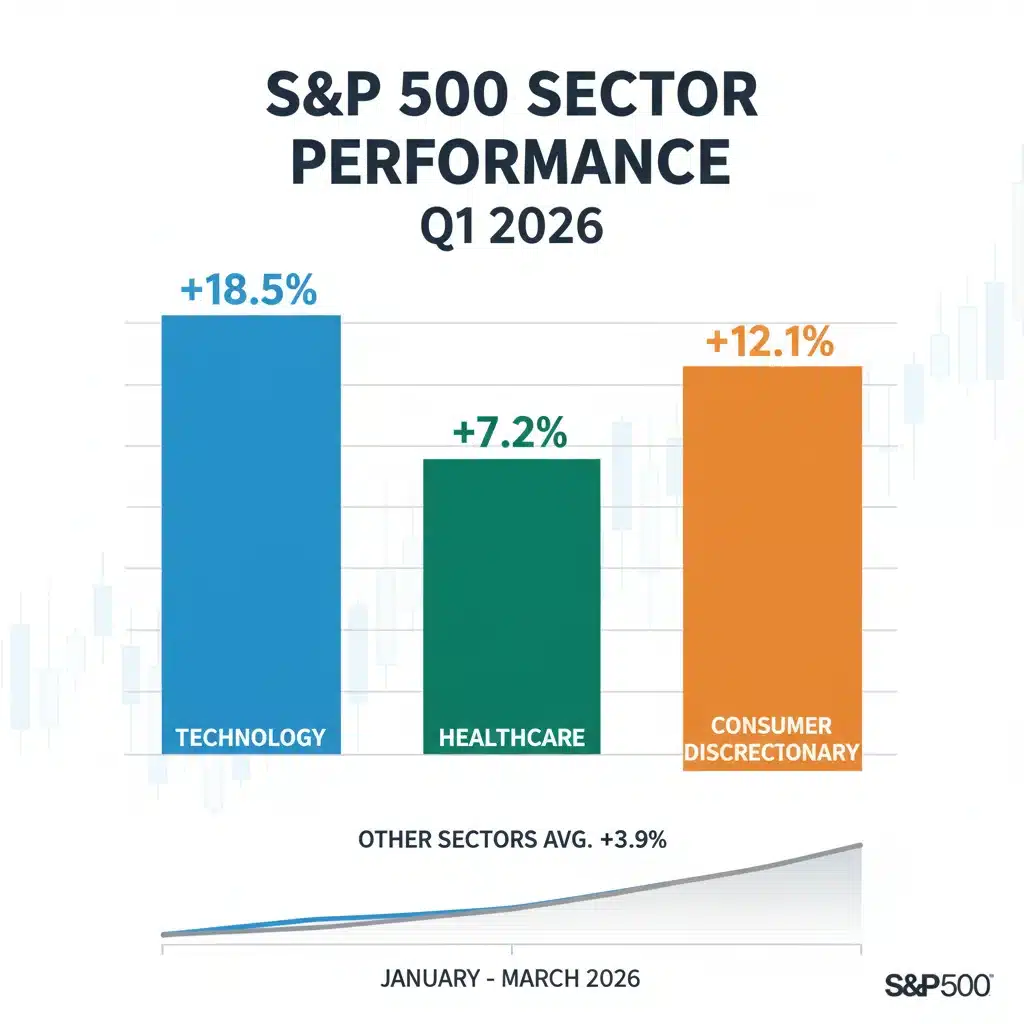 Infographic showing S&P 500 sector performance breakdown Q1 2026.