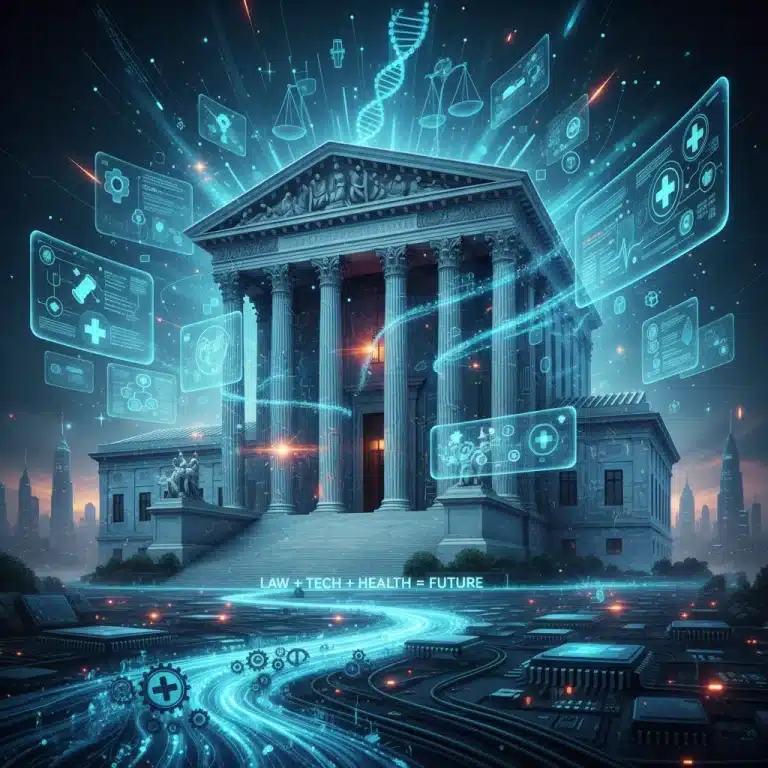 Supreme Court building with digital data streams, symbolizing healthcare data privacy ruling.